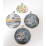Mary B Cordell: 4 various American ceramic pendants depicting various scenes .