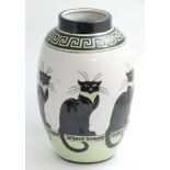 A 21st C Art Deco style black cat vase with cat pattern to body and Greeky style motif to top in