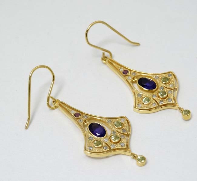 A pair of Sterling silver gilt drop earrings set with amethyst and peridot 1 3/4" long