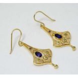 A pair of Sterling silver gilt drop earrings set with amethyst and peridot 1 3/4" long