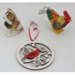 Christmas Decorations : A variety of 3 painted Christmas tree decorations including a carved