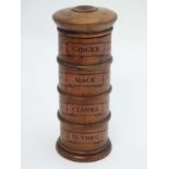 Kitchenalia: A treen spice tower comprising 4 sections labelled ' Nutmeg' 'Mace' ' Ginger' and