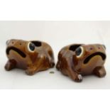 A pair of vintage ceramic treacle glaze frog planters with frog skin dotted detail to body. Approx.