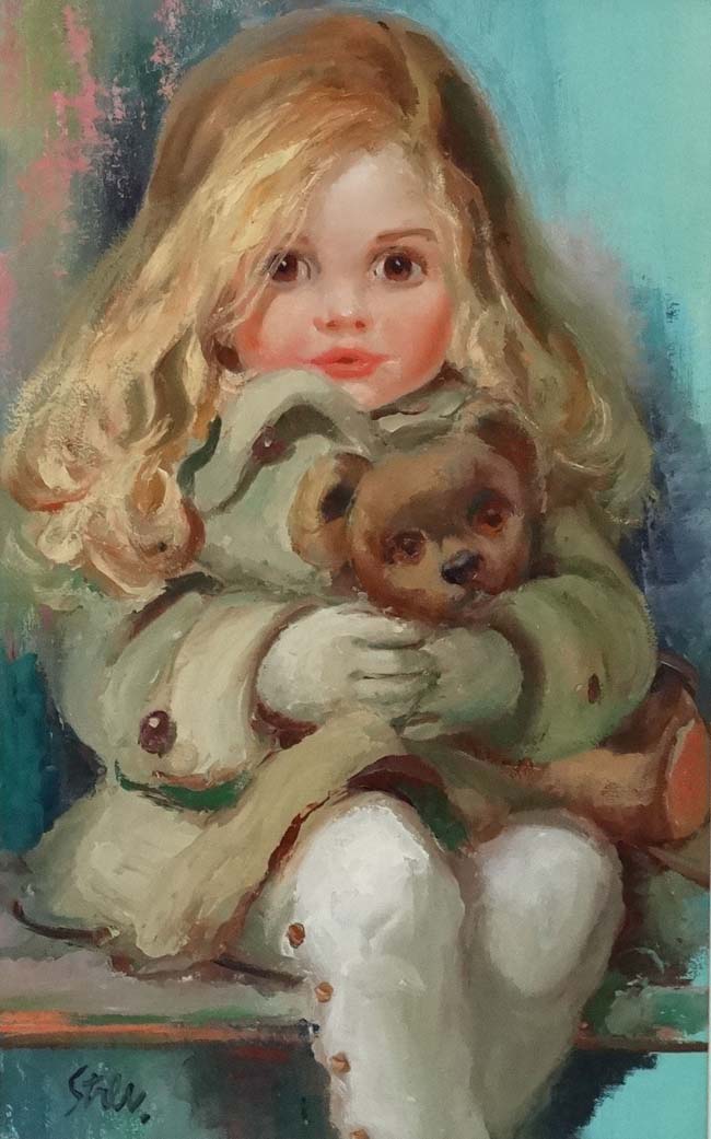 John Strevens ( 1902-1990), Oil on board, 'Matilda' a young girl travelłing holding her teddy bear, - Image 3 of 4