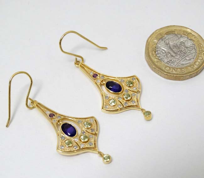 A pair of Sterling silver gilt drop earrings set with amethyst and peridot 1 3/4" long - Image 2 of 3