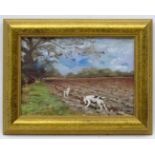 Indistinctly signed XX, Oil on canvas board, Terrier dogs at the edge of a ploughed field.