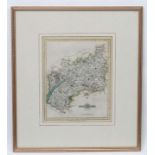 Map : A framed map of 'Glocestershire' (Gloucestershire) with hand coloured details,