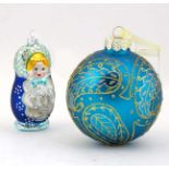 Christmas Decorations : Two blue Christmas Tree baubles, one with paisley design decoration,