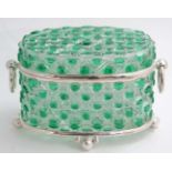 A hobnail cut glass table casket, green and clear glass with silver plate mounts and ring handles.