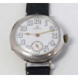 Omega - an Early silver cased WW1 wristwatch , enamel signed dial , Arabic Numeral ,