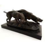 After Barye XXI, Patinated bronze sculpture, Two working gundogs on a black slate base. 15" l x 7.