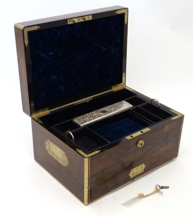 A 19thC Rosewood and brass ladies travelling vanity / jewel case having brass S Mordan & Co Lock. - Image 8 of 16