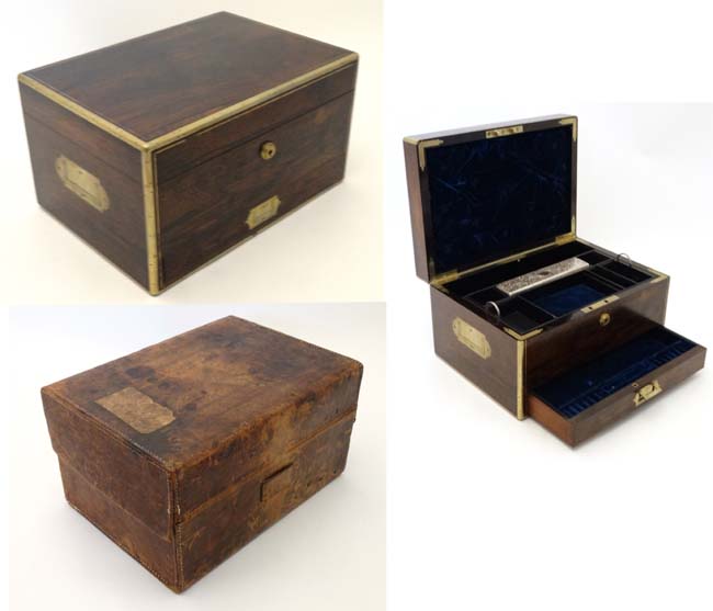 A 19thC Rosewood and brass ladies travelling vanity / jewel case having brass S Mordan & Co Lock.