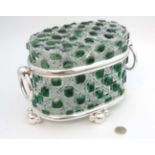 A 21st C table casket of green and clear glass with hobnail cuts decoration and silver plate mounts