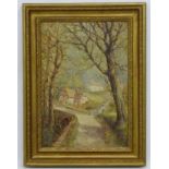 Arnault F Pienne XIX-XX, Oil on board, ' A Devon Lane , 1943 ' with a stone bridge ,