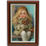 John Strevens ( 1902-1990), Oil on board, 'Matilda' a young girl travelling holding her teddy bear,