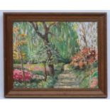 Mid XX English Oil on canvas board Sun streaming into a garden 11 x 14" CONDITION: