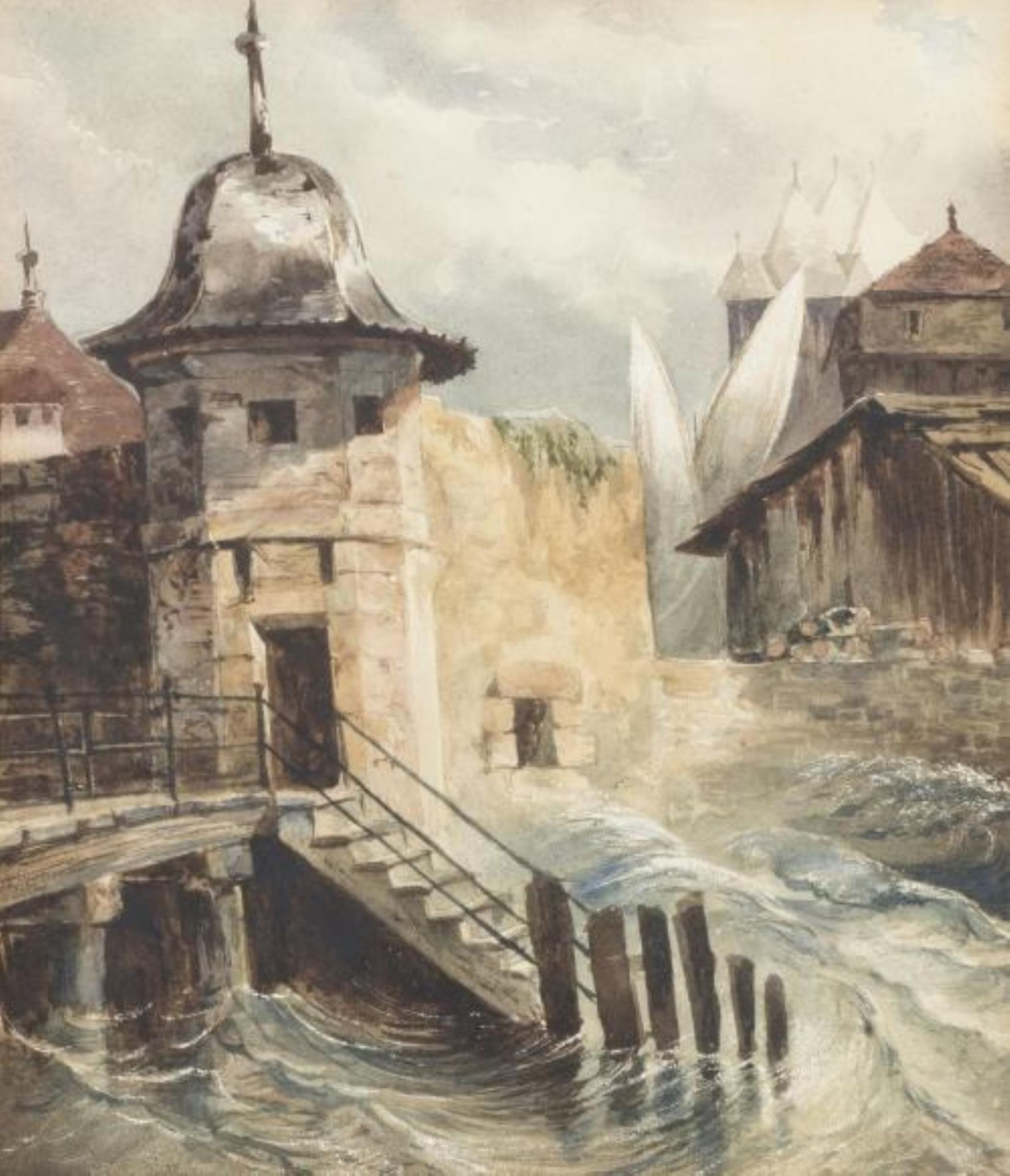 Alexandre Calame (1810-1864) attribué à, "La Tour-Maitresse à Genève". Aquarelle [...]