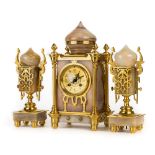 *Clock Garniture. A 19th century clock garniture set in the Persian style, with alabaster and gilt