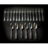 *Forks. Fourteen George III silver table forks, together with six dessert spoons, various makers and