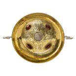 *Dish. Early 20th century two handle brass dish, inset with a 1759 8 Reales (Spanish Piece of Eight)
