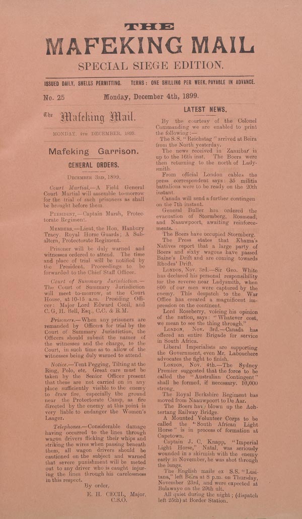 Mafeking Mail. Special Siege Slips, edited by G.N.H. Whales, nos. 1-152 (1 November 1899 to 31 May