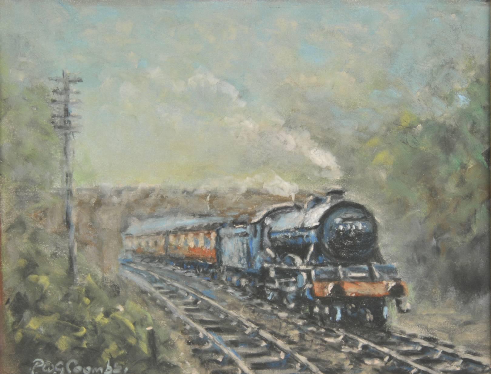 *Coombs (Peter, 1929-2007). Full Steam Ahead, pastel on paper, showing a locomotive coming through a