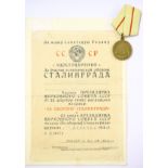 *U.S.S.R. Defence of Stalingrad Medal, good very fine with certificate faintly inscribed in pencil