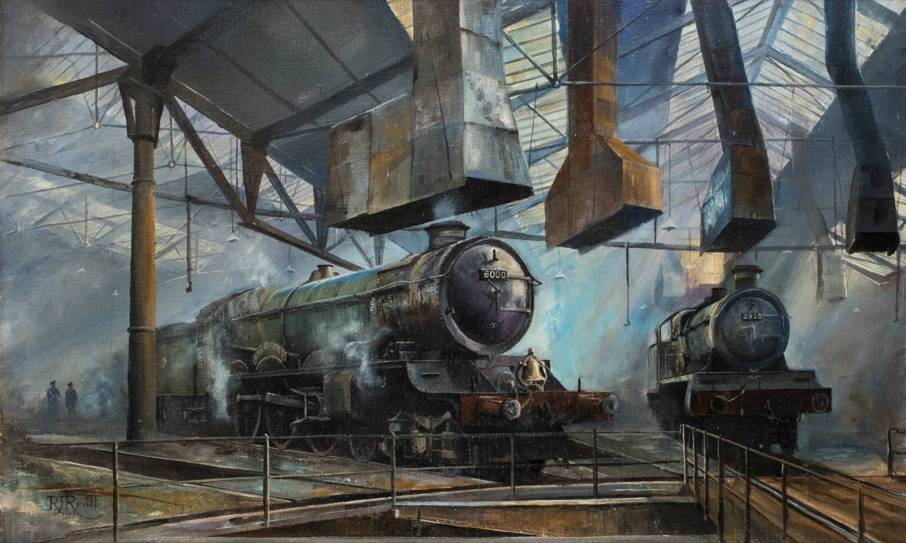 *Revill (R.J.). George V in the sheds at Swindon, oil on canvas, signed and dated 1989 lower left,