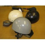 *Crash Helmets. Three dome-top helmets in the 1940/50s style, well used but restorable, and a pair