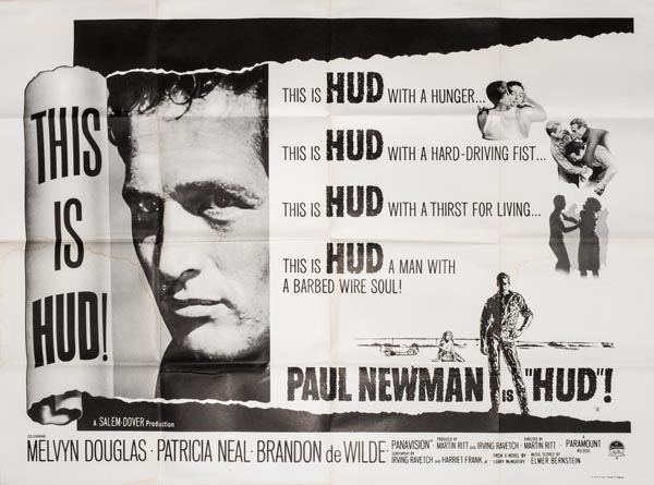 *Hud, directed by Martin Ritt, 1963, starring Paul Newman, UK quad poster in folded condition,