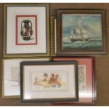 *Prints & Watercolours. A mixed collection of ten prints, watercolours and oil paintings, 18th -