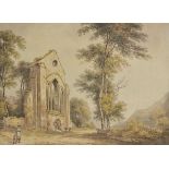 *Manner of Edward Dayes (1763-1804). Abbey ruins, circa 1810, watercolour on paper, showing two