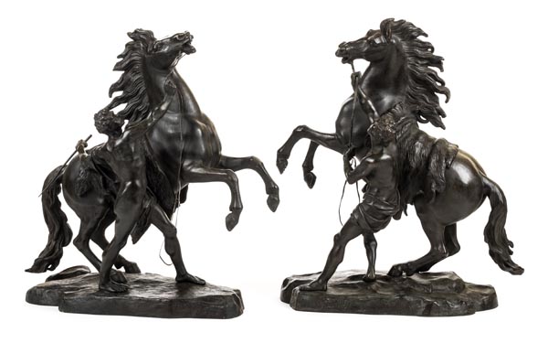 *After Guillaume Coustou (1677-1746). Pair of Marly Horse groups, 19th century, a substantial pair