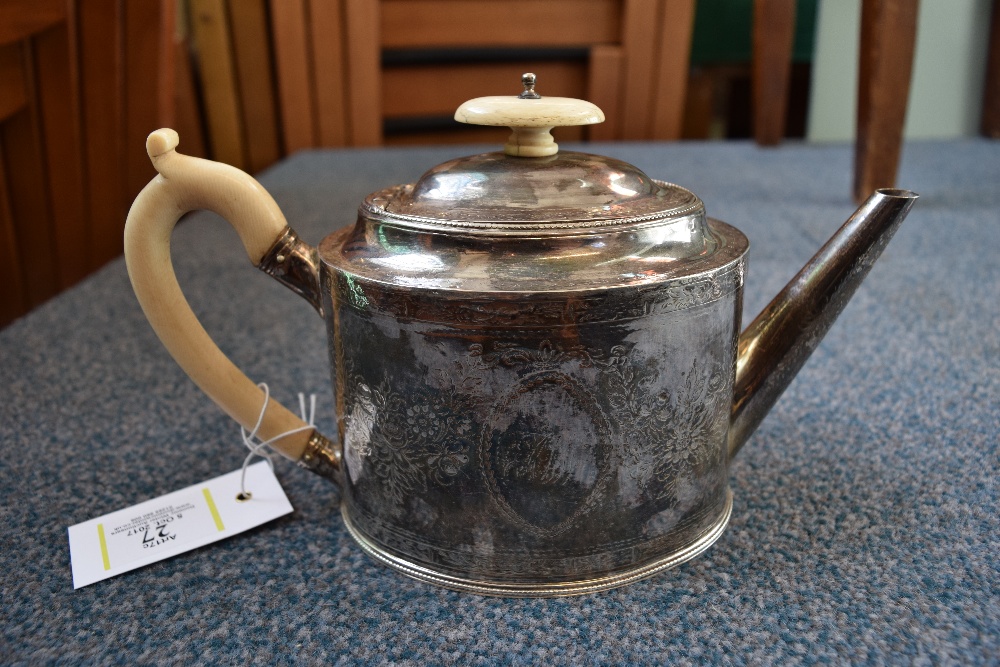 *Teapot. A George III silver drum shape teapot by Hester Bateman London, 1787, with ivory finial and - Image 3 of 12