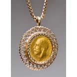 *Sovereign. A George V gold sovereign, 1919, mounted in a 9ct gold pendant with box link chain,