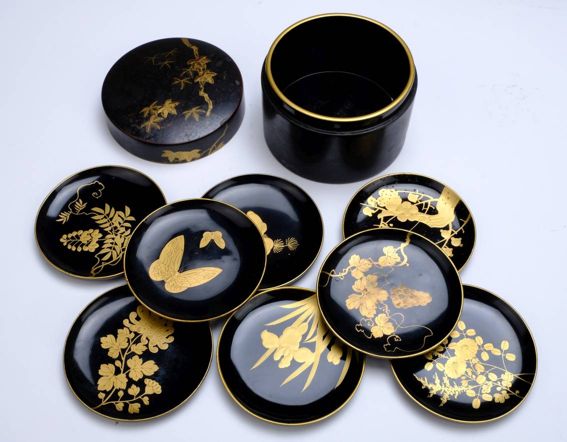 *Mixed Oriental. A set of eight Japanese lacquered dishes, each finely decorated with baskets of - Image 6 of 8