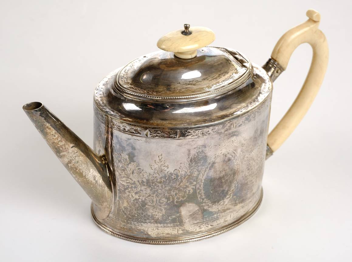 *Teapot. A George III silver drum shape teapot by Hester Bateman London, 1787, with ivory finial and - Image 4 of 12