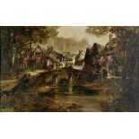 *English School. Castle Combe, Wiltshire, oil on canvas laid on board, showing figures on a