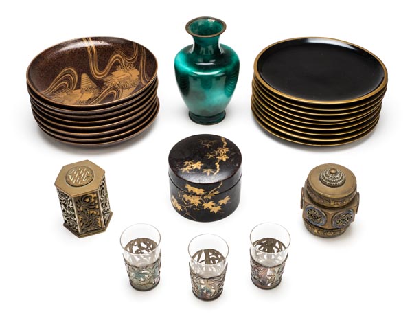 *Mixed Oriental. A set of eight Japanese lacquered dishes, each finely decorated with baskets of