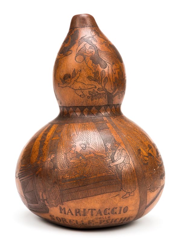 *Gourd. A 19th century Italian double gourd with scrimshaw decoration, engraved 'Martaggio delle