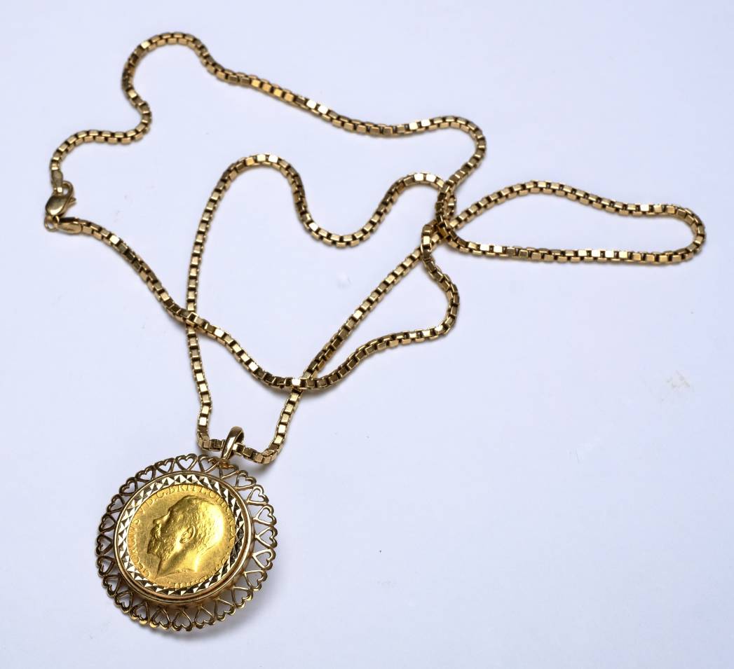 *Sovereign. A George V gold sovereign, 1919, mounted in a 9ct gold pendant with box link chain, - Image 3 of 3