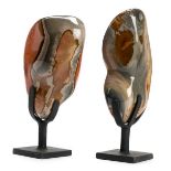 *Polychrome Jasper. 2 large polychrome jasper polished free forms on custom base, Polychrome