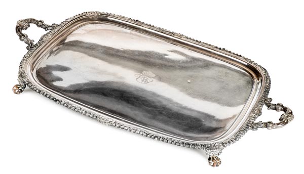*Tray. A substantial Victorian silver plated tray, with two handles and engraved with initials