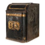 *Tea Caddy. A 19th century Chinese tea bin, black and gold painted with hinged lid and brass