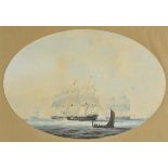 *Atkins (Samuel, 1760-1810). British naval vessels off the coast, oval watercolour, unsigned, some