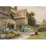 *Strachan (Arthur Claude, 1865-1938 ). Cottage scene with girl feeding chickens, watercolour on