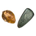 *Axe Head. A Neolithic polished green stone axe head, 16cm long, together with a knapped flint axe