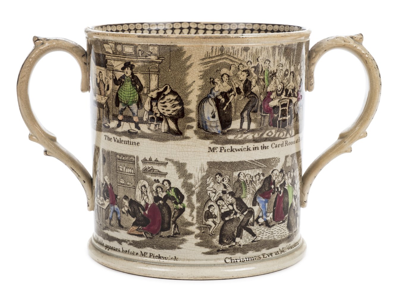 *[Dickens, Charles]. An over-sized loving cup, late Victorian, large pottery twin-handled cup,