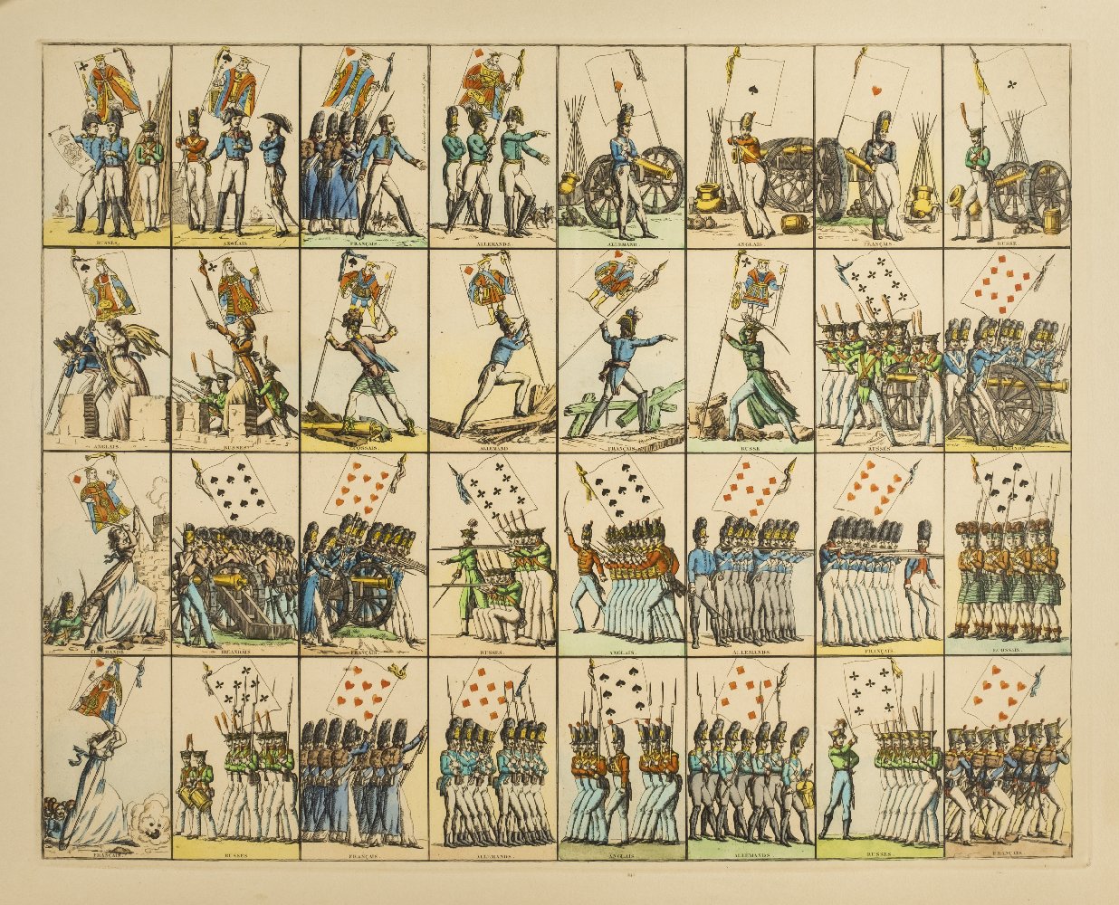 *Playing cards. Jeu de Drapeaux, France, circa 1816, a complete uncut sheet of thirty-two hand-